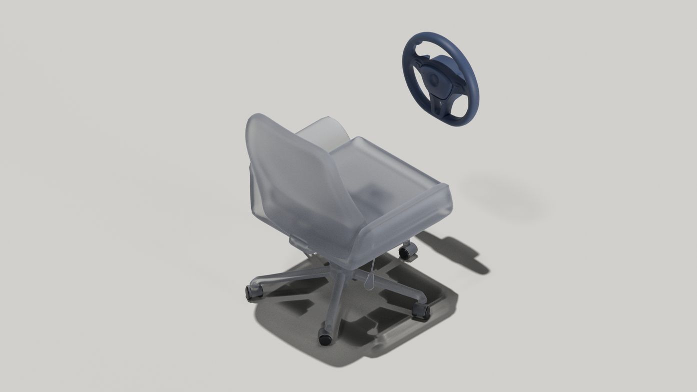 an office chair in front of a steering wheel